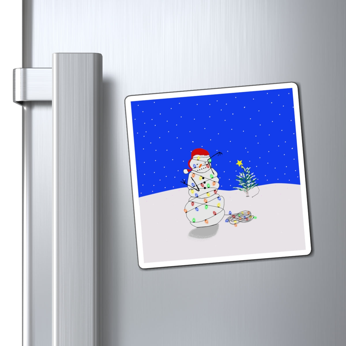 Snowman tangled in Tree Lights Refrigerator Magnet