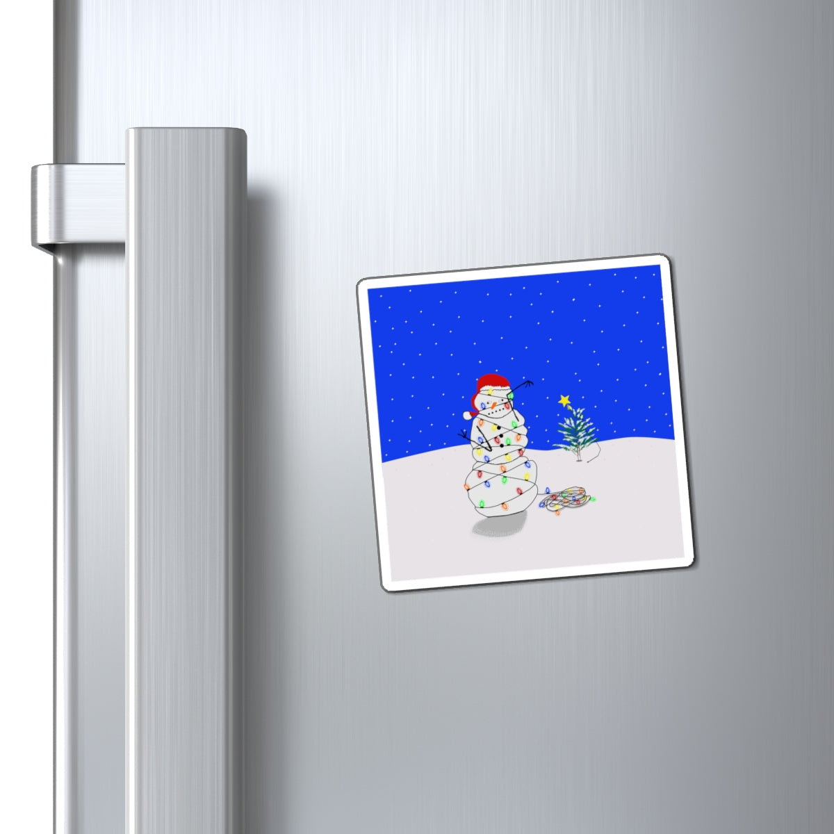 Snowman tangled in Tree Lights Refrigerator Magnet