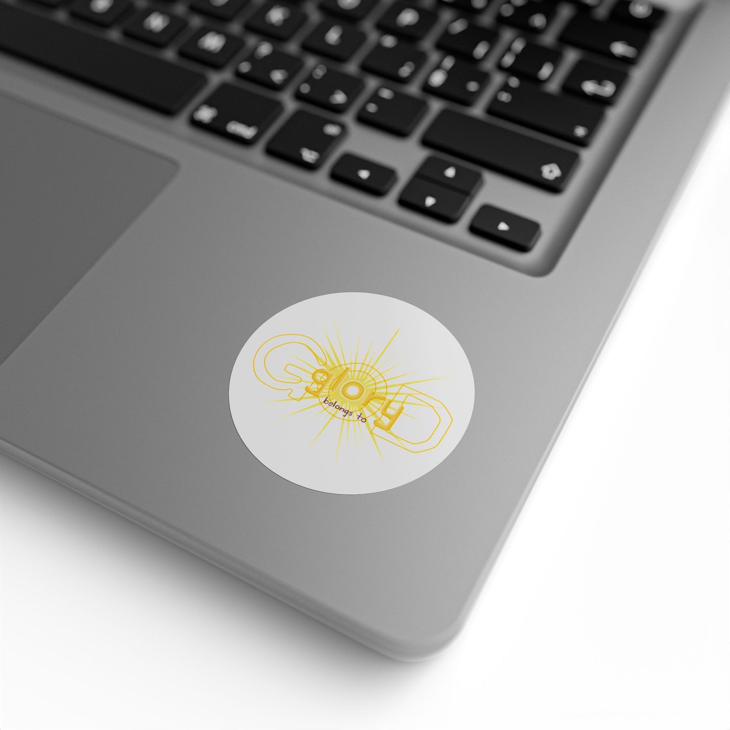 Round Sticker Labels — "Glory Belongs To" Gold Sunburst Rolls