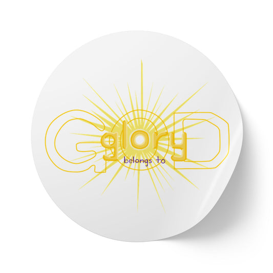 Round Sticker Labels — "Glory Belongs To" Gold Sunburst Rolls